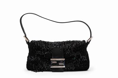 Borsa baguette in cachemire nero con applicazioni di paillettes e perline