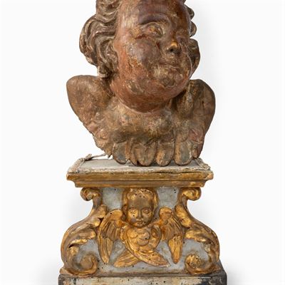 Testa di Cherubino in Legno, Montata su Mensola in Legno Laccato e Dorato, Secoli XVII - XVIII