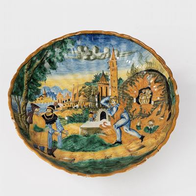 Alzata a Crespina in Maiolica Policroma, Raffigurante i Tre Ebrei nella Fornace Ardente, Secolo X...