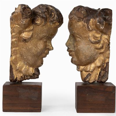 Due Profili di Cherubini in Legno Intagliato e Dorato, Secolo XVII
