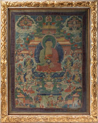 Thangka in seta, Amitabha nella Terra Pura di Sukhavati