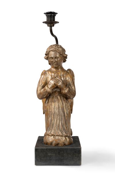 Angelo Orante in Legno Dorato a Mecca Montato a Lampada, Secoli XVIII-XIX