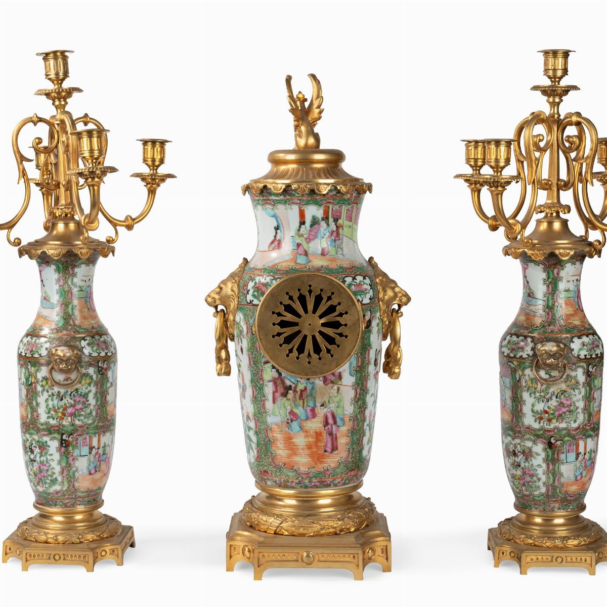Trittico in Porcellana Policroma Famiglia Rosa e Bronzo Dorato, Canton, Cina, Secolo XIX