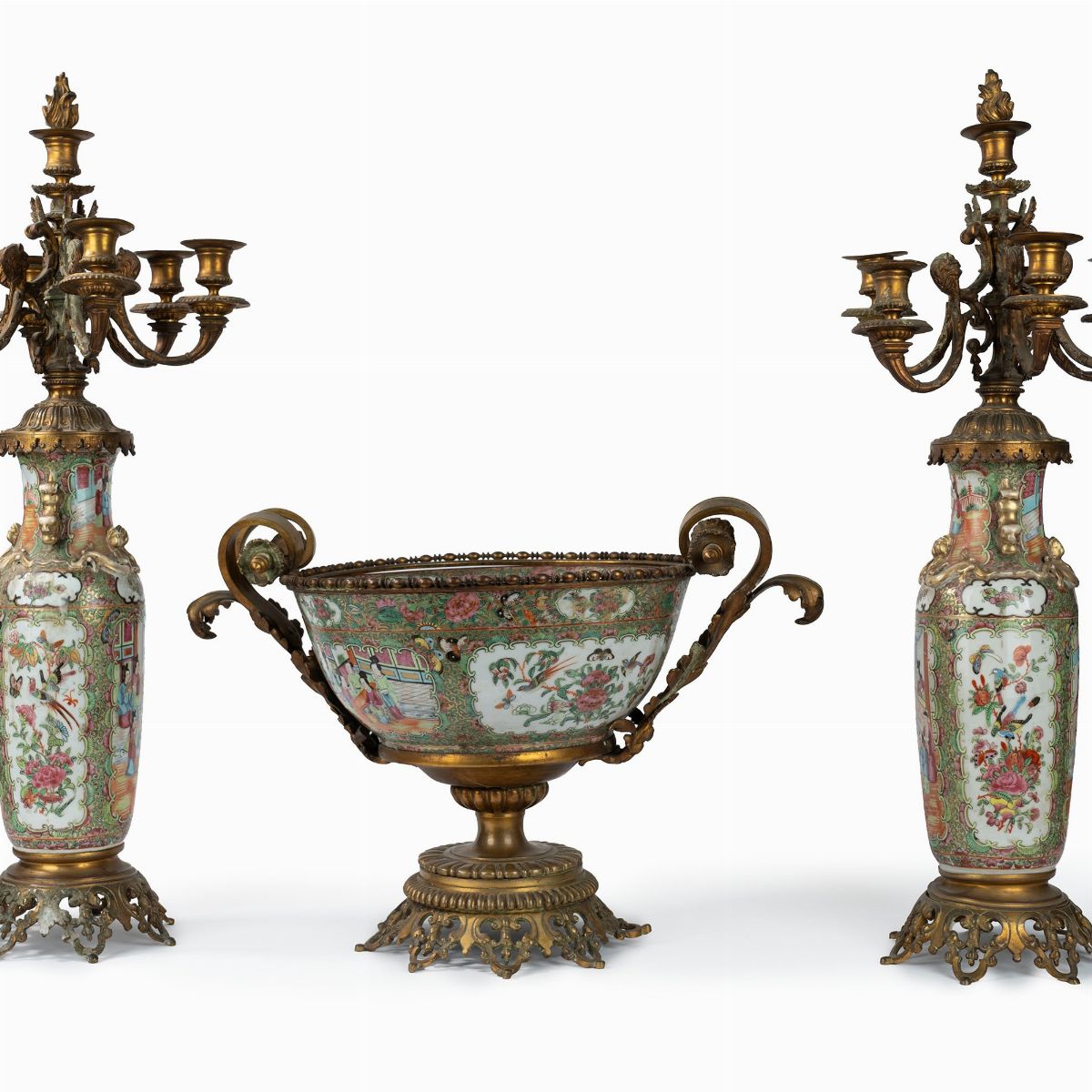 Trittico in Porcellana Policroma Famiglia Rosa e Bronzo Dorato, Canton, Cina, Secolo XIX
