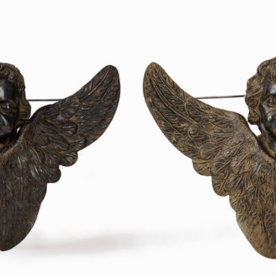 Coppia di Teste di Cherubini in Bronzo Dorato e Argentato, Secolo XIX