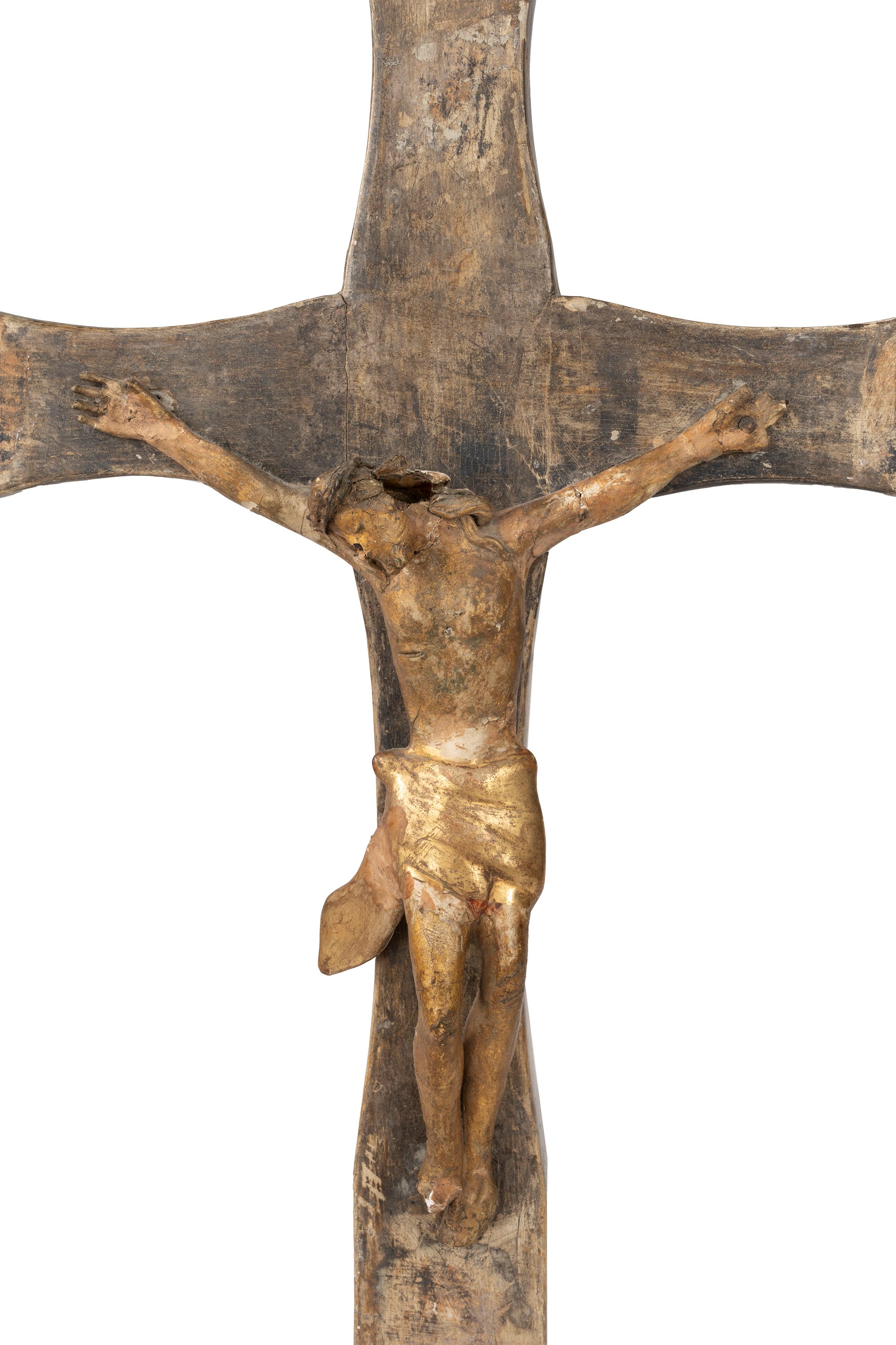 Crocifisso in Cartapesta su Croce in Legno Laccata e Dorata, Secoli XVII - XVIII