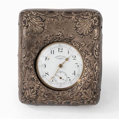 Orologio da Tasca in Metallo con Porta Orologio in Cuoio e Argento, Inizi Secolo XX