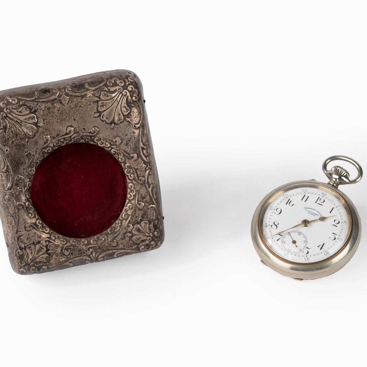 Orologio da Tasca in Metallo con Porta Orologio in Cuoio e Argento, Inizi Secolo XX