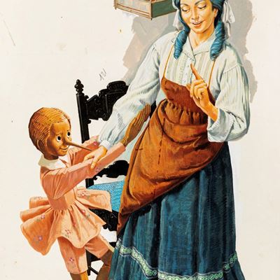 Illustrazione originale de 'Le avventure di Pinocchio', tempera su cartone