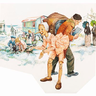 Illustrazione per Le avventure di Pinocchio, tempera su cartone sagomato