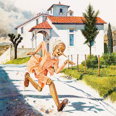 Illustrazione originale de 'Le avventure di Pinocchio', tempera su cartone sagomato