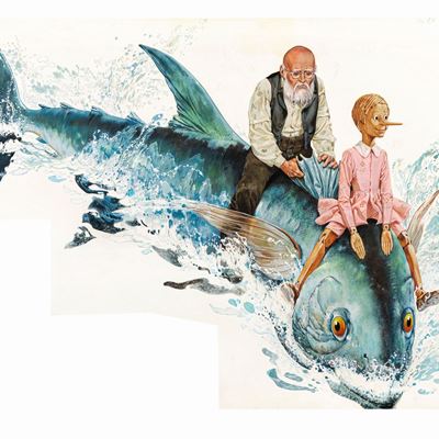 Illustrazione originale per Le avventure di Pinocchio, tempera su cartone sagomato
