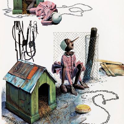 Illustrazione originale per 'Le avventure di Pinocchio', tempera su cartoncino