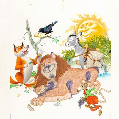 Le favole di Esopo - Copertina originale, matita, pastelli e tempera su cartoncino