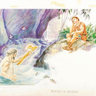 Le favole di Esopo - Il boscaiolo e Mercurio, tempera e acquerello su cartoncino
