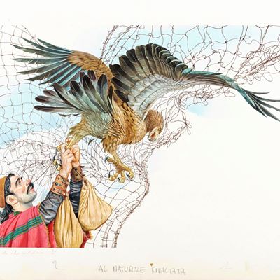 Le favole di Esopo - Il contadino e l'aquila, tempera e acquerello su cartoncino