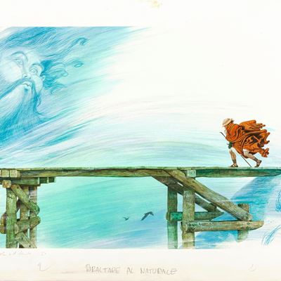 Le favole di Esopo - Il Vento e il Sole, tempera e acquerello su cartoncino