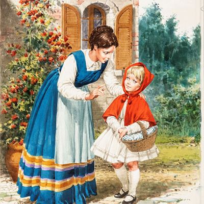 Illustrazione originale per 'Cappuccetto Rosso' (1966), tempera e acquerello su cartone