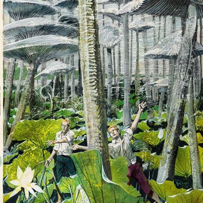 Viaggio al centro della Terra, tempera su cartone