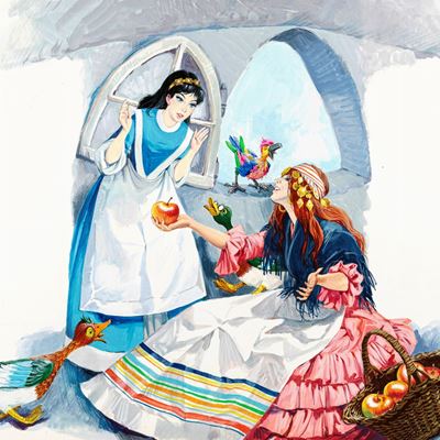 Biancaneve e i sette nani, tempera su cartone