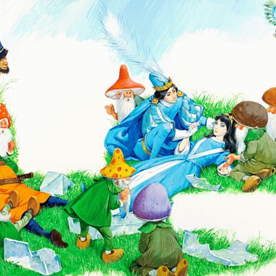 Biancaneve e i sette nani, tempera su cartone