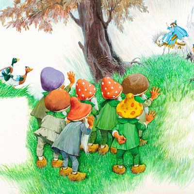 Biancaneve e i sette nani, tempera su cartone