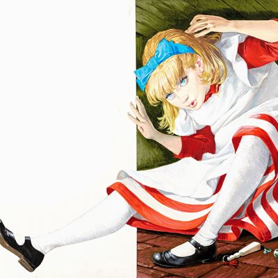 Alice nel Paese delle Meraviglie - Illustrazione originale, tempera su cartone sagomato