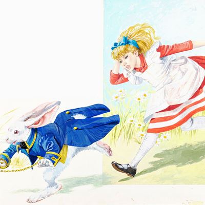 Illustrazione per 'Alice nel Paese delle Meraviglie', tempera su cartone sagomato