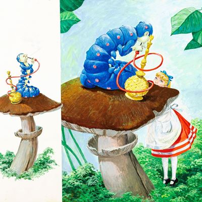 Alice nel Paese delle Meraviglie, tempera su cartone sagomato