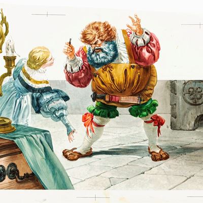 Barbablù - Illustrazione originale, tempera e acquerello su cartone