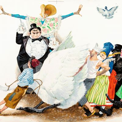 Cigno, appiccica!, tempera su cartone