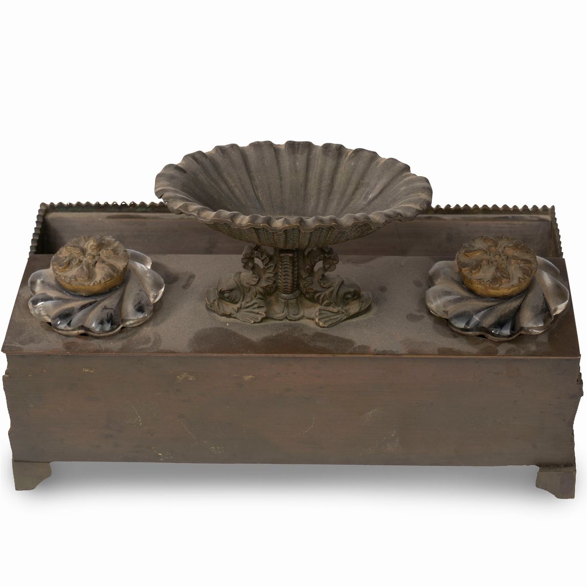 Calamaio in Bronzo con Due Porta Inchiostro in Vetro, Secolo XIX