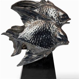 Terracotta sculpture covered with silver-plated copper foil, representing fish and shell, 1940s-1950s