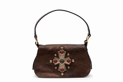 Borsa in nappa marrone e bronzo con decorazioni in pelle dorata e pietre dure