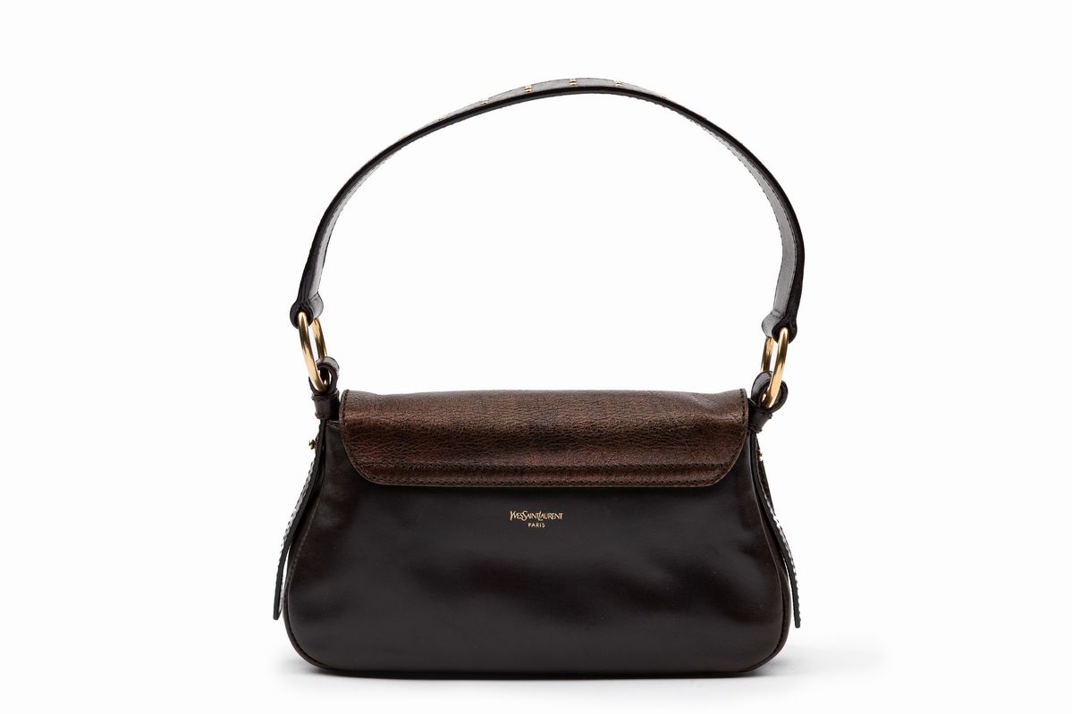 Yves Saint Laurent - Borsa in nappa marrone e bronzo con decorazioni in pelle dorata e pietre dur...