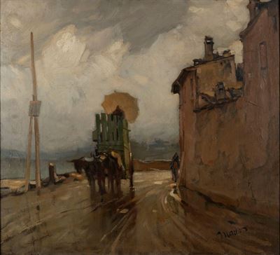 Paesaggio con carro, olio su tavola