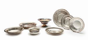 Sterling and silver six plates, a bowl and a stand