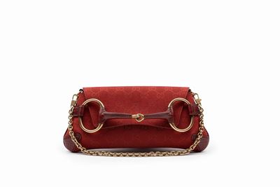 Borsa Horsebit, tela GG color mattone con tracolla dorata