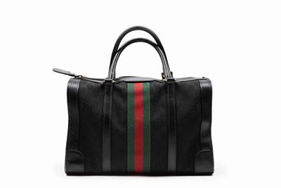 Bauletto in tela GG nera con profili in pelle e banda web colorata