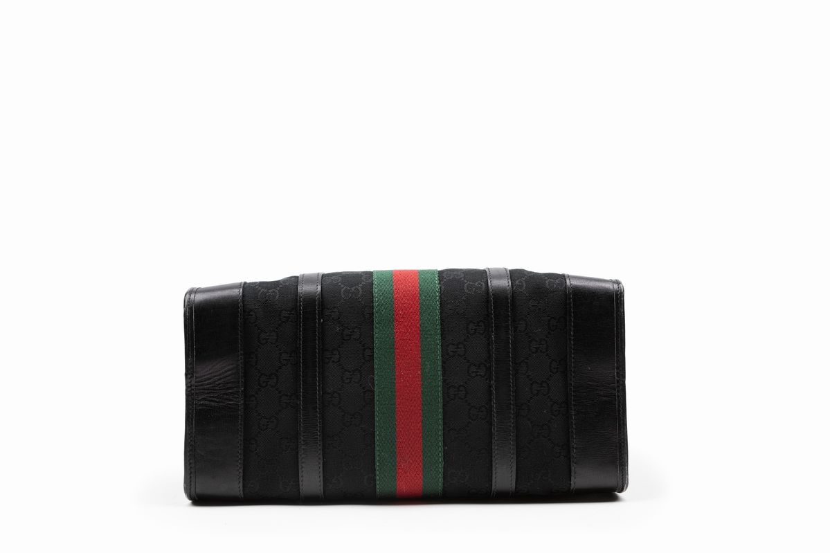 Gucci - Bauletto in tela GG nera con profili in pelle e banda web colorata