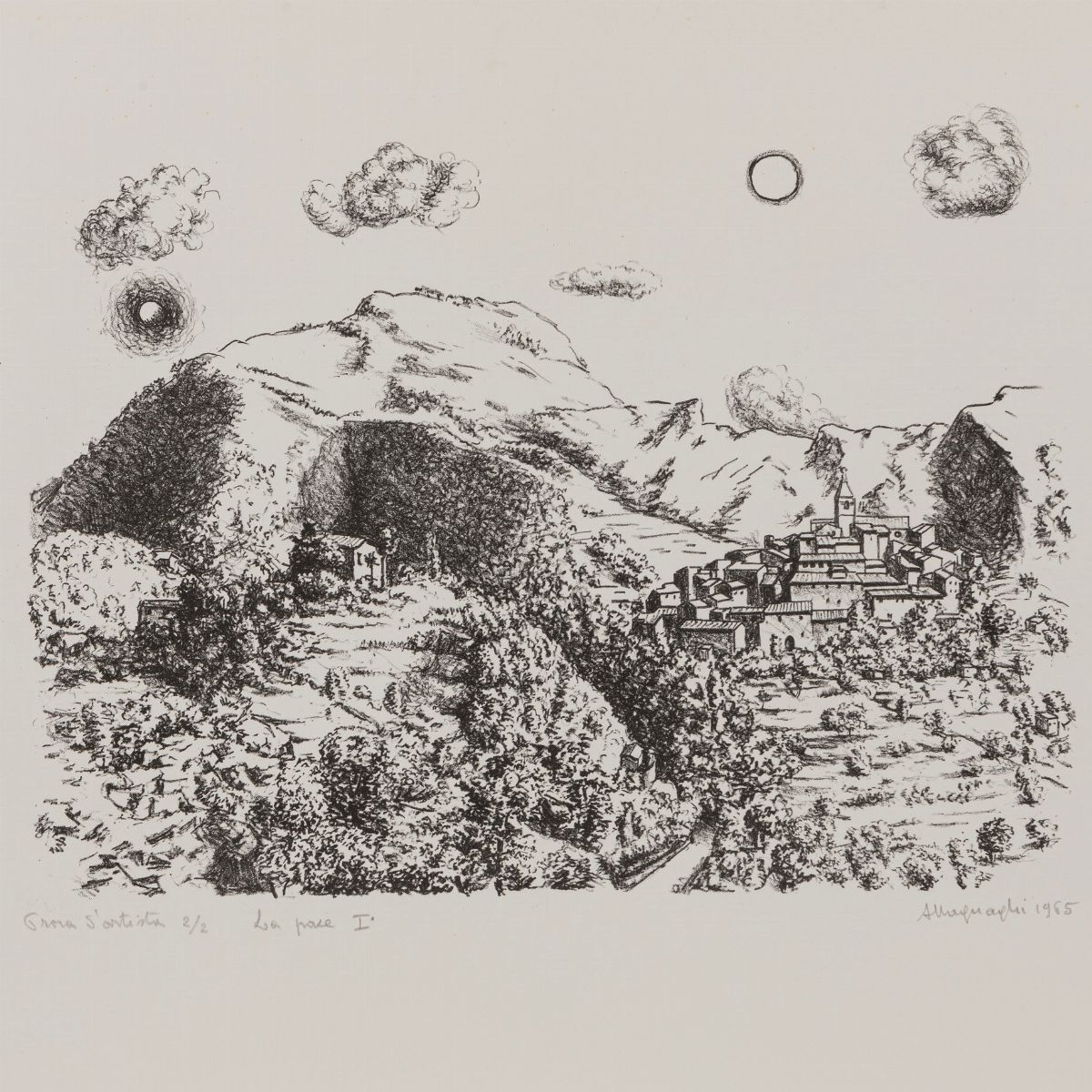 Ambrogio Magnaghi - Tre litografie: La guerra in agguato II; La pace I; La guerra si arrende al c...