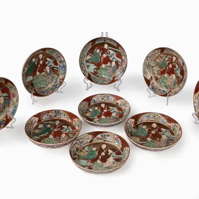 Nove Piattini in Ceramica, Kutani, Giappone Periodo Edo