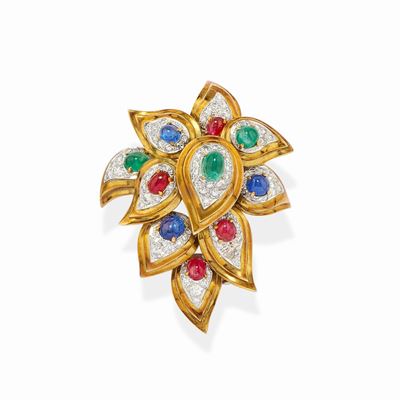 Spilla in oro bicolore 18k con zaffiri, rubini e smeraldi