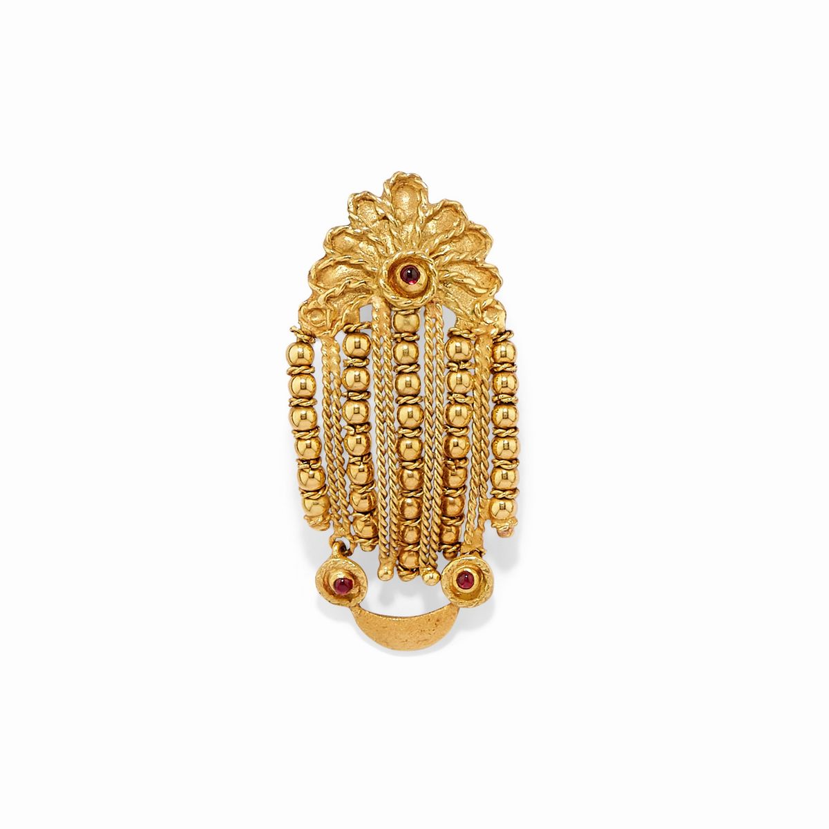 Quattro spille in oro giallo 18k con corallo, zaffiri e pietre rosse