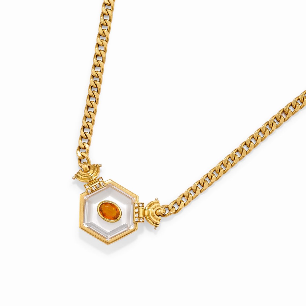 Gioielleria contemporanea, Due anelli, coppia di orecchini e collana con quarzi e diamanti in oro...