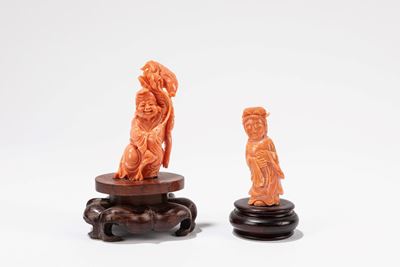 Cina, due figure in corallo: pescatore con carpa e Guanyin