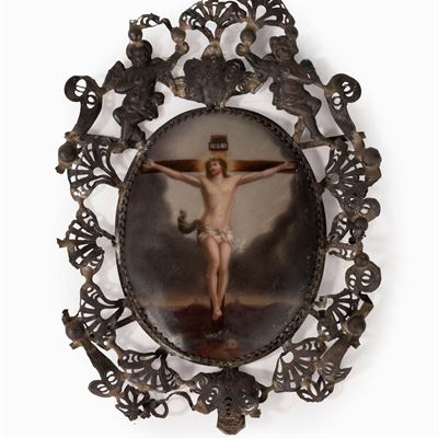 Placca in Porcellana Raffigurante Cristo, su Montatura in Metallo, Secolo XIX