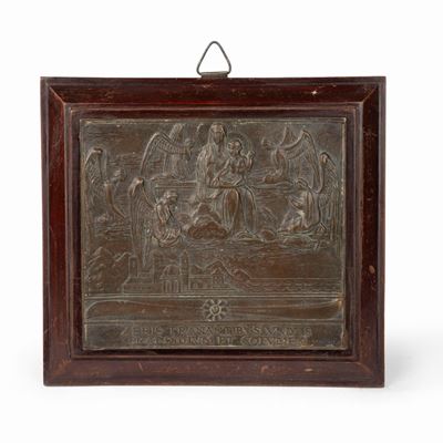 Bassorilievo in Bronzo Raffigurante la Madonna di Loreto con Cornice Lignea, Secolo XX