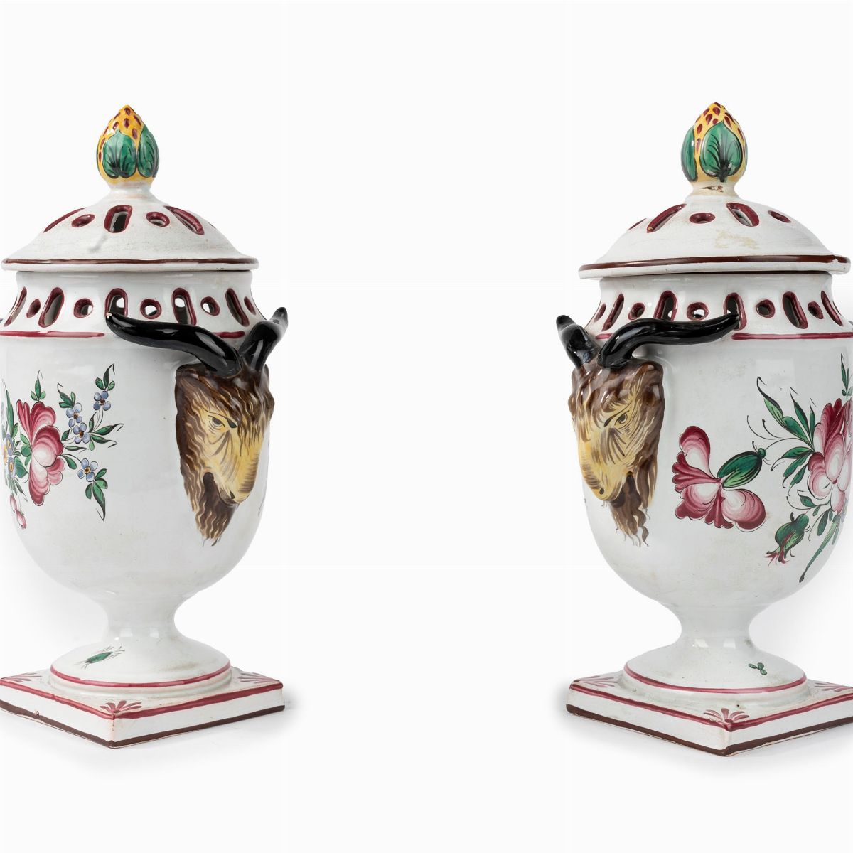 Coppia di Potiches in Maiolica Policroma, Secolo XIX
