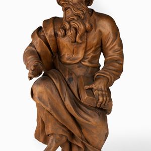 Scultura in legno di cirmolo raffigurante filosofo, secolo XVIII